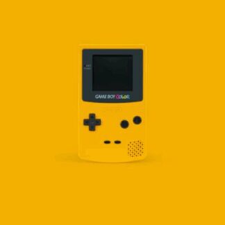Yellow Nintendo Game Boy Color handheld console with a black screen and buttons, set against a matching yellow background.